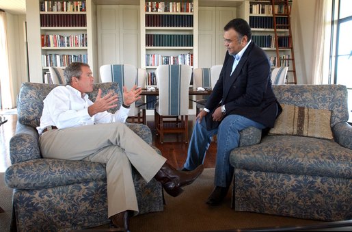 President George W. Bush meets with Saudi Arabian ambassador Prince Bandar bin Sultan at the Bush Ranch in Crawford, Texas, Tuesday, Aug. 27, 2002 WHITE HOUSE PHOTO BY ERIC DRAPER